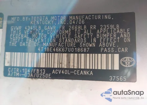 2007 Toyota Camry Le from USA, damaged, VIN 4T1BE46K67U018687